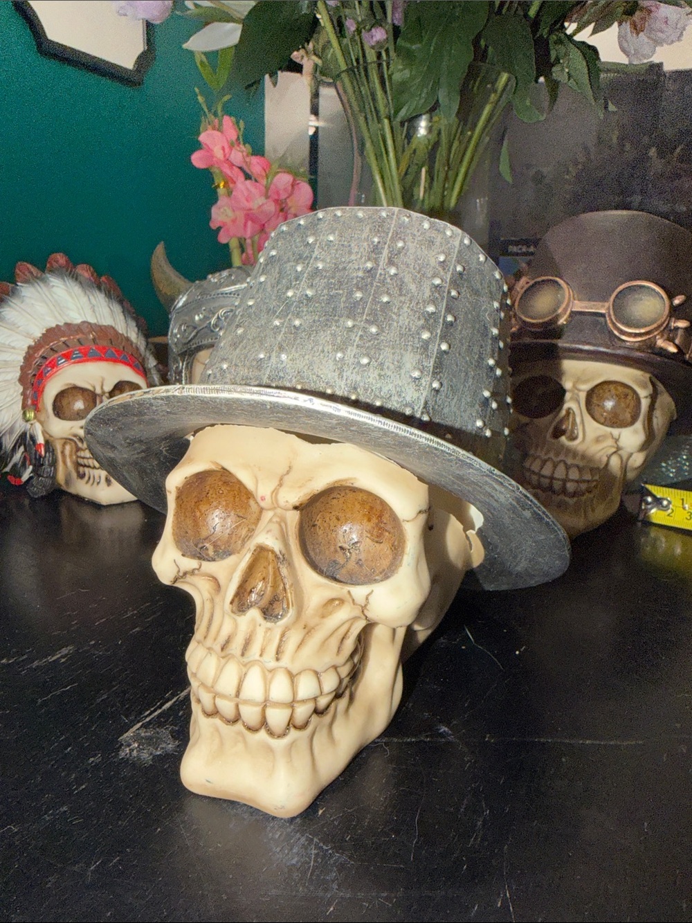 Decorative Skull‎ Figurine with Studded Gray Top Hat - Home Accents